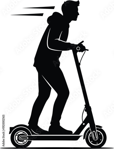 A silhouetted image depicts a person swiftly riding an electric scooter showcasing modern urban transportation and active commuting styles high quality