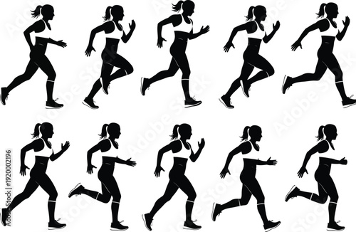 a collection of silhouetted female figures showcases the dynamic motion of running depicting various phases of the stride and movement