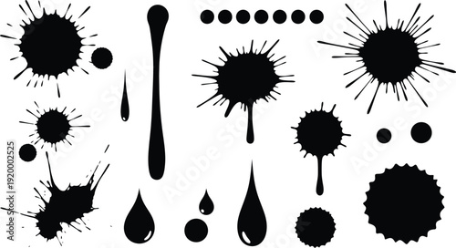 black ink splatters and droplets on white background
