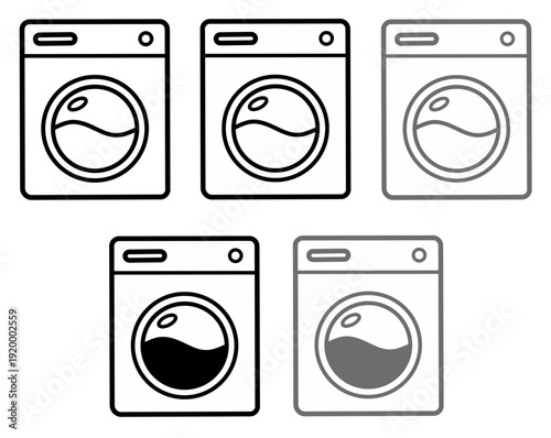 Washing machine vector illustration. Set of washing machine line icons with different stroke weights and fill styles for laundry, appliance, and housework concepts