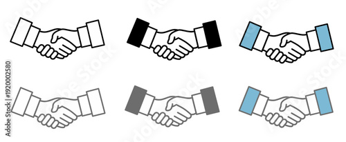 Handshake icon set in various styles including outline, silhouette, and flat color, symbolizing agreement, partnership, and successful business cooperation