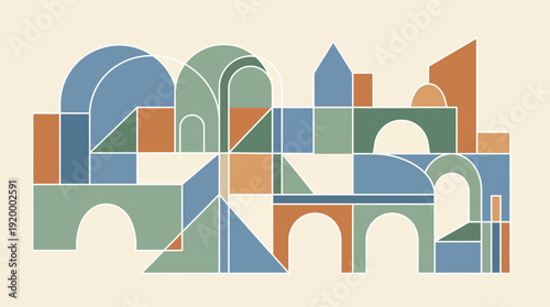 Modern abstract architecture with geometric shapes in blue, green, and orange hues