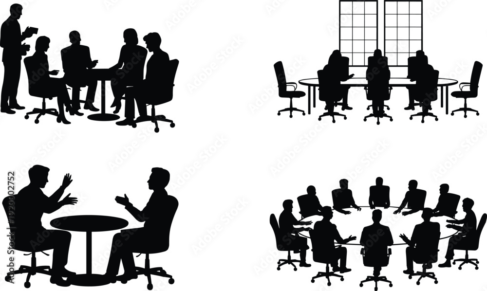 Obraz premium Business meeting and conference silhouettes illustration, corporate team discussion boardroom collaboration isolated on white background