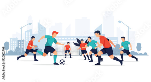 Men playing soccer in an urban park with city buildings in the background, a dynamic illustration of a football match.