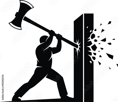 a silhouette of a person powerfully swinging an axe to break through a solid rectangular concrete pillar showcasing force and impact