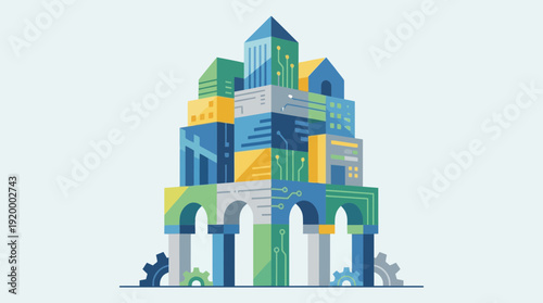 Modern cityscape with sleek skyscrapers and industrial elements