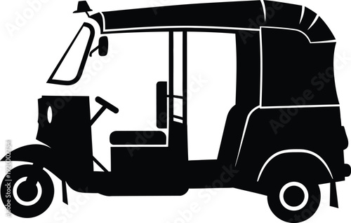 a simple black and white illustration depicts a side view of a three wheeled auto rickshaw vehicle with a covered cabin