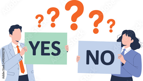 Business voting decision concept illustration with man and woman holding yes and no signs under question marks background