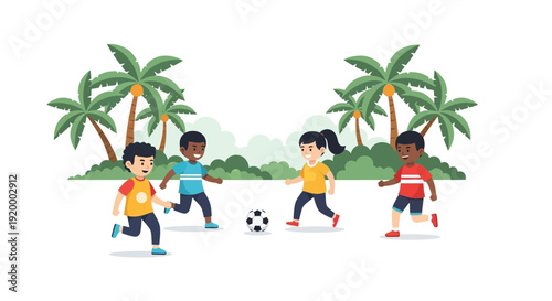 Diverse children playing soccer outdoors under tropical palm trees on a sunny day.