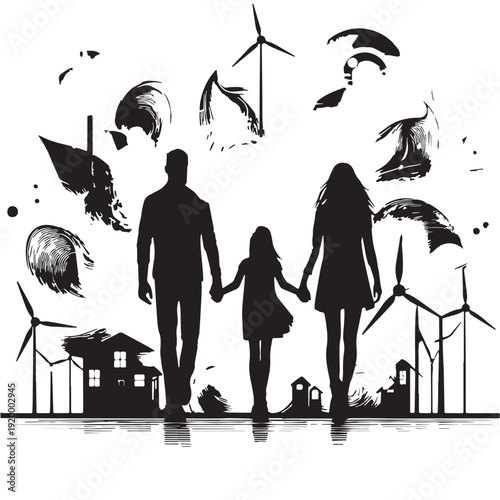 Black Green energy family Silhouette Vector, High Quality Illustration on White Background