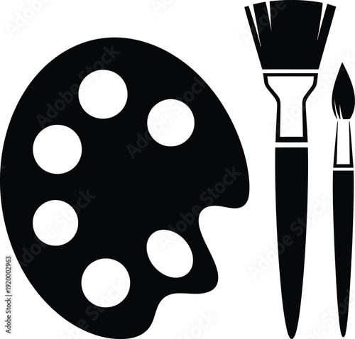 a minimalist black and white illustration showcasing painting tools including a color palette a large brush and a smaller detail brush