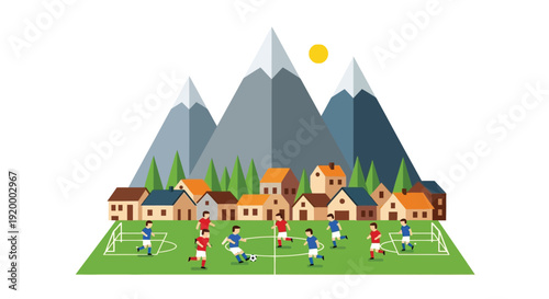A vibrant illustration of a football match in a picturesque mountain village, with players on a green field surrounded by houses and trees under a sunny sky.