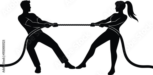 a stark black silhouette depicts a man and a woman engaged in a vigorous tug of war highlighting strength and competition