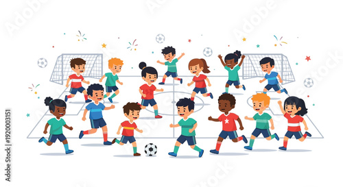 Diverse group of happy children playing soccer on a field with goals, celebrating a fun sports game.