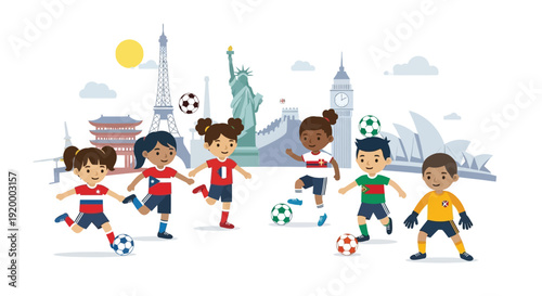 Diverse children from around the world playing soccer in front of iconic global landmarks, symbolizing international unity and sportsmanship.