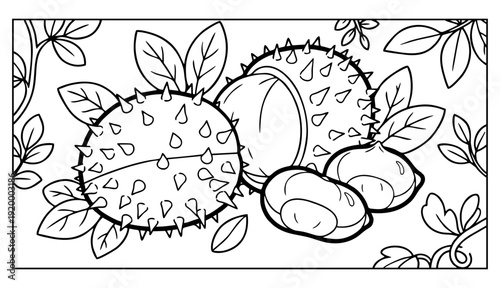 Detailed vector graphic illustration featuring spiky chestnut husks and smooth edible nuts with leaves