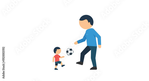 An adult and a small child playing soccer together, with the adult kicking the ball towards the child in a playful interaction.