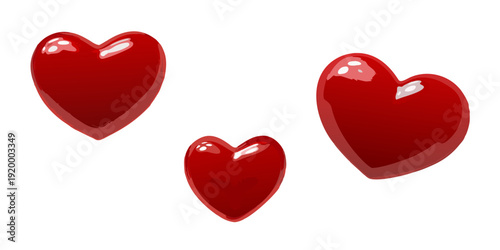 Three shiny red hearts float against a solid black background