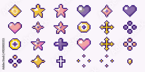 Collection of colorful pixel art icons featuring hearts stars and crosses