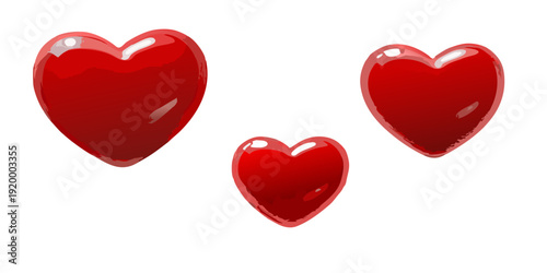 Three glossy red hearts float against a stark black background