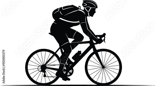 A minimalist black silhouette depicts a cyclist in motion riding a road bike with a focused posture and streamlined design