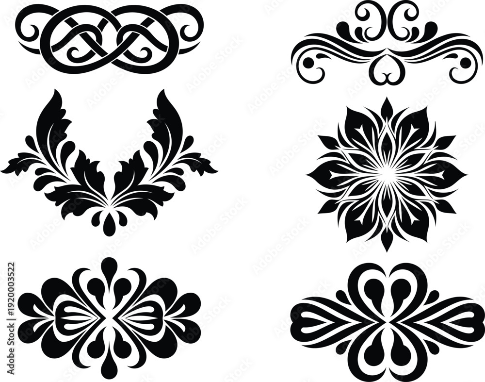 Fototapeta premium Collection of six black floral ornate designs and patterns on white background