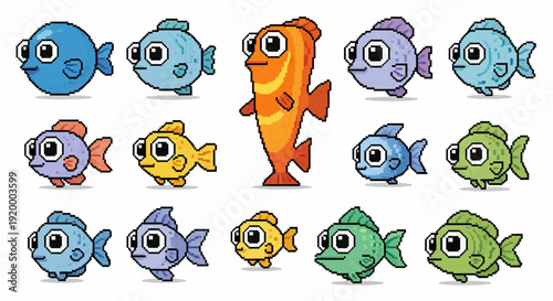 cute fish pixel art set. Animal for game asset and cross stitch pattern in vector illustration.