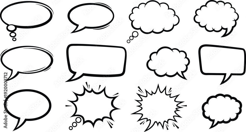 Fototapeta premium Collection of various cartoon speech bubbles and thought clouds for comics blank templates for dialogue
