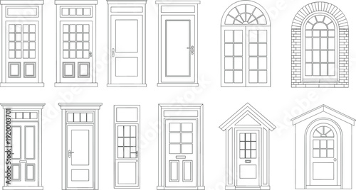 Front door and window architectural outline drawings set, classic and modern residential entrance designs, vector line collection