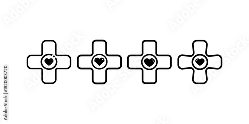 Medical cross with heart vector icon set. healthcare outline symbol. hospital and clinic sign. pharmacy logo. doctor and nurse assistance pictogram