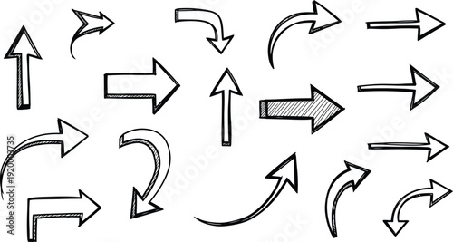 Collection of various hand drawn arrows on white background for design