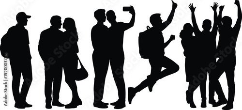 Group of people silhouette collection illustration, friends taking selfie celebrating and socializing isolated on white background