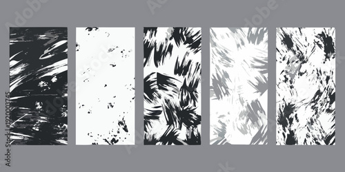 Abstract black and white brushstroke patterns arranged in vertical panels