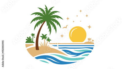 A palm tree illustration on a tropical island with sunset ocean view