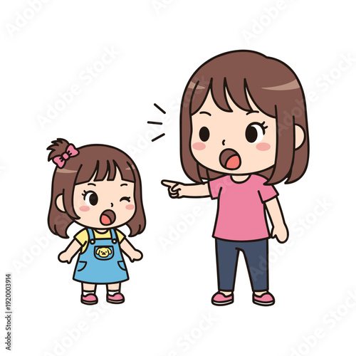 Cartoon illustration of a mother reprimanding her young daughter with a stern expression