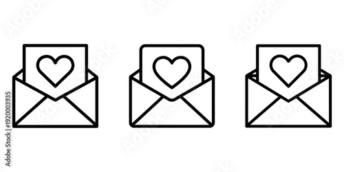 Love letter icons set featuring heart on card inside envelope for valentines day romance wedding invitation greeting message correspondence affection sign