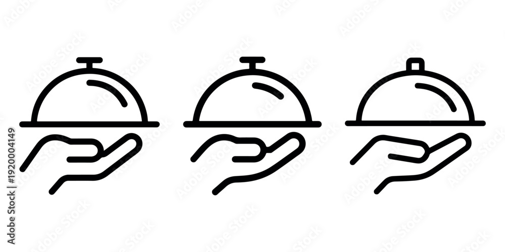 Fototapeta premium Food service platter icon set representing restaurant hospitality and dining tray with dome cover held by hand for hotel catering and professional chef