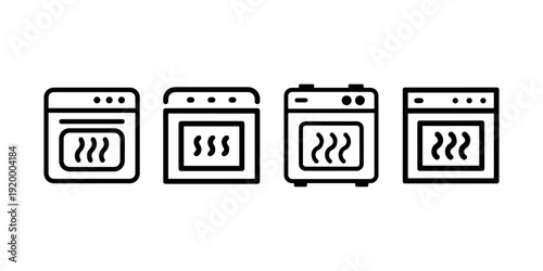 Set of four simple oven icons, showcasing various designs of kitchen appliances for cooking, baking, and heating food