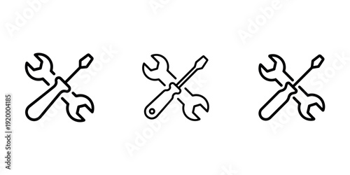 Set of three repair tool icons, featuring crossed wrench and screwdriver for maintenance, fixing, and mechanical work
