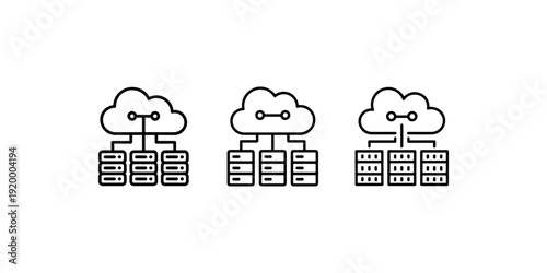 Set of three cloud server icons, illustrating network connections to multiple database racks for data storage and processing