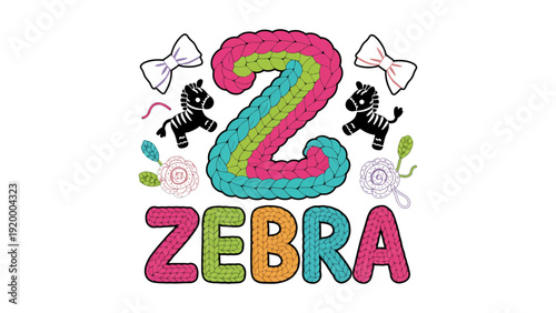 A colorful zebra illustration with cartoon animals and flowers for kids