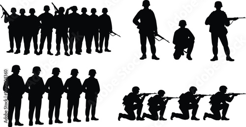 Military soldiers silhouette collection illustration, army troops with rifles standing and kneeling isolated on white background
