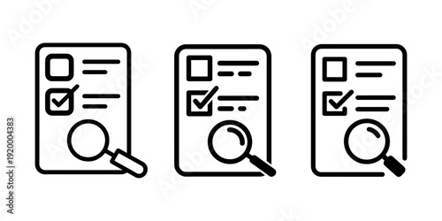 Inspection document icons with magnifying glass check boxes and lists for quality control audit reports compliance surveys and business data verification