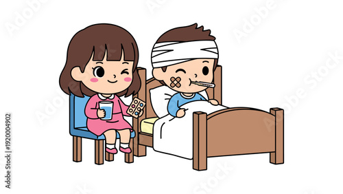 Cartoon illustration of a girl visiting a sick boy in bed, showing care and concern for his well-being.