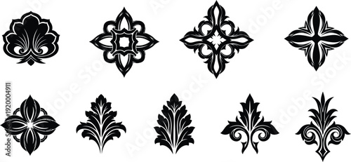 set of black and white ornamental designs with floral patterns and swirling lines
