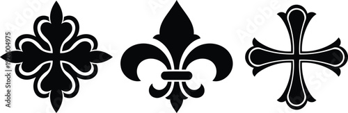 set of black fleur de lis and cross symbols