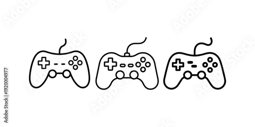 Video game controller icons in black outline for gaming joysticks and console controllers representing entertainment and play