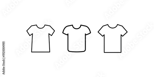 T-shirt vector icon, set of three identical black and white t-shirts in various styles, isolated on white background, apparel design element