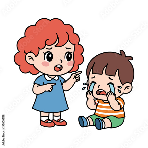 Illustration of a girl in blue dress scolding a crying boy, isolated on white background, depicting a scene of childhood conflict and discipline.
