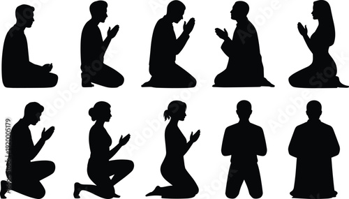 Praying people silhouettes in kneeling and sitting poses, man and woman worship collection, black vector illustration